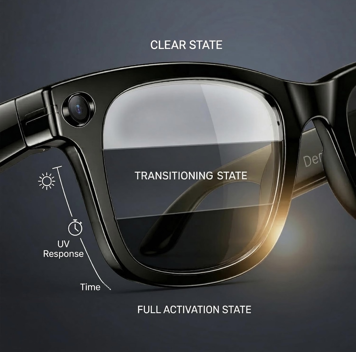 The real glasses lens showing clear, transitioning, and dark states