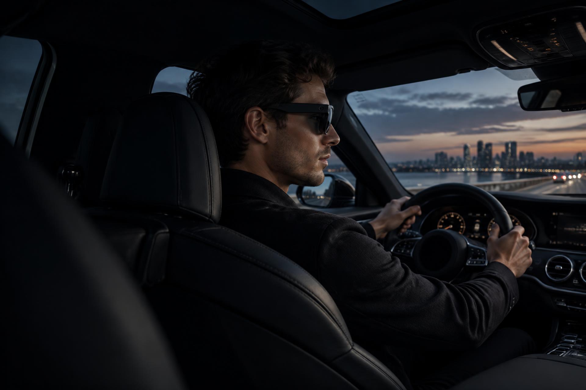 Driver wearing camera sunglasses on an evening drive